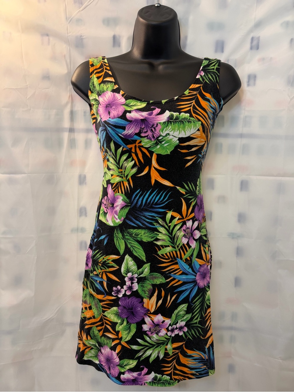 Tropical Floral Scoop Neck Tank Dress - Black Base